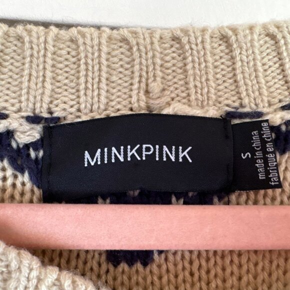 MINKPINK Fringe Chevron Knit Sweater Beige Navy Pullover Women’s Size Small - Picture 7 of 7